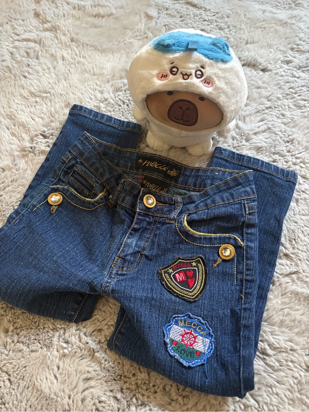Mecca Embroidered Patches and Rhinestone Dark Wash Knee length jeans Size 10